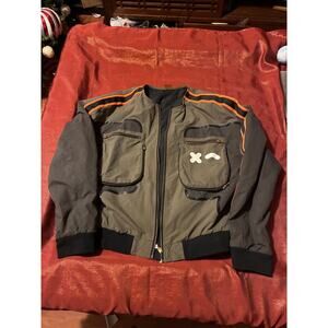 P.E Nation Bomber Jacket Mens L Olive Zip Pocket Graphic Striped Sleeve Street